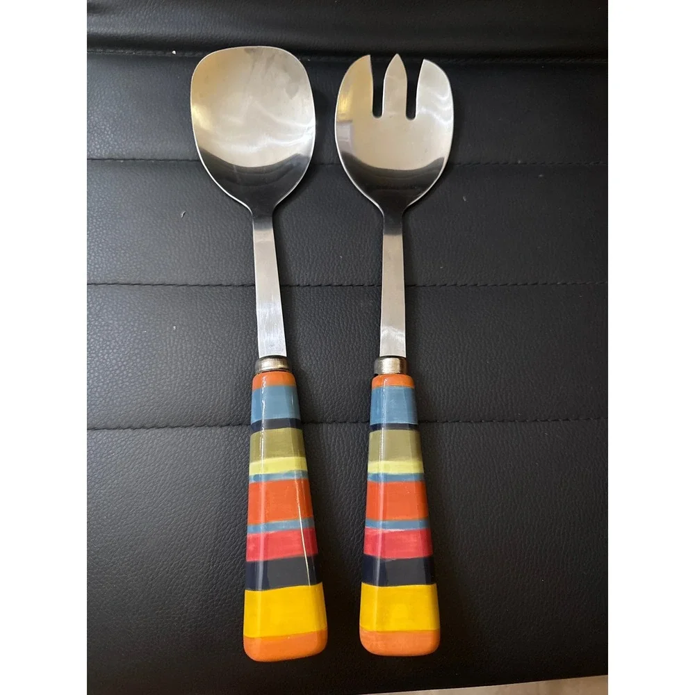 Boston Warehouse Stainless Steel Salad Server Set Striped Ceramic Handles 2pc